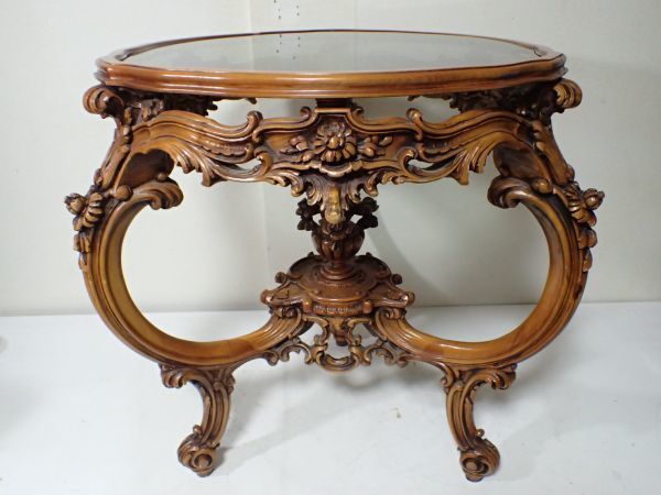 ロココ調 rococo style サイドテーブル 木彫り ガラス天板 コーヒーテーブル アンティーク Side table 難有中古品